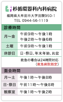 診療時間：月〜金：午前9時〜午後1時/午後2時〜午後6時、土曜：午前9時〜午後1時、休診日：日曜、祭日、年末年始、お盆休み／面会時間：月〜土：午後1時〜午後8時/日曜・祭日：午前11時〜午後8時、月〜土：午後1時〜午後8時/日曜・祭日：午前11時〜午後8時